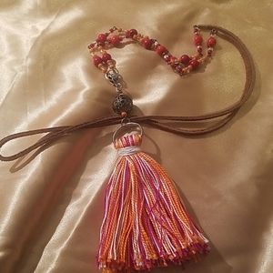 Pink, Orange & White Tassel Necklace